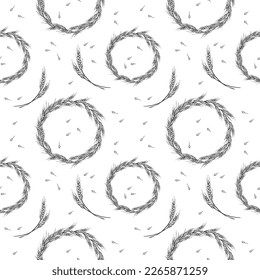 Cute seamless repeat pattern with ears of wheat and wreaths on a white background. Floral ornament with an ear of wheat. Drawn by hand. Delicate pattern, minimalist style, sketch