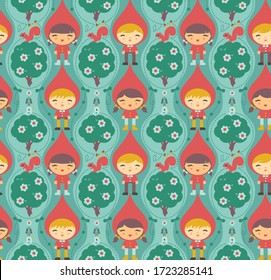 Cute seamless repeat pattern of gnome children playing in the forest with the animals.