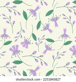 Patrón de repetición sin fisuras con flores lilas sobre fondo claro, motivos florales primaverales frescos. Dibujo de flores brillantes en un patrón para textiles, papel de embalaje y diseño de embalaje. Vector