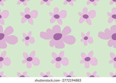 Cute seamless repeating floral pattern of cartoon-style light purple daisies on a soft mint green background. Minimalist and playful hand-drawn flowers with dark purple centers, suitable for fabric, fashion, wallpaper, packaging, and children's textiles. The pattern is composed of scattered single flower heads in a regular grid-like pattern across the field.