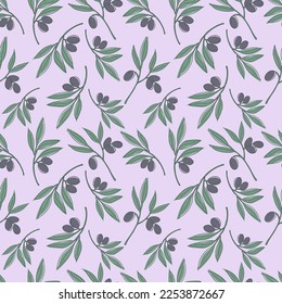  Cute seamless repeating pattern with olive branches on a pink background, floral motif. Hand drawn olive in pattern for textile, wrapping paper and packaging design.Vector