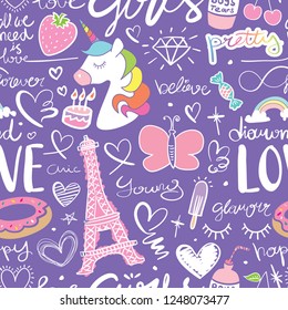 Cute seamless repeating pattern texture with unicorn, Eiffel Tower, hearts / Vector illustration design for fashion fabrics, textile graphics, wallpapers etc