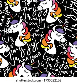 Cute seamless repeating pattern texture background design with unicorns / For textile graphics, fabric prints, wallpapers, wrapping papers, decorative objects etc