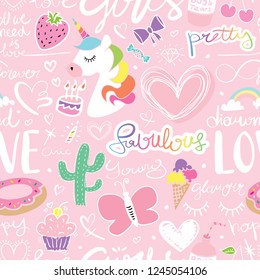 Cute seamless repeating pattern / Unicorn, hearts, cactus, butterfly, rainbow, hand letterings doodle drawing set texture design for fabrics, textile graphics, t shirts, prints, stickers etc