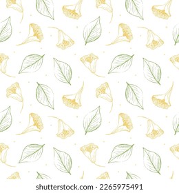 Cute seamless repeating pattern with yellow flowers and leaves on a light background, floral motif. Hand drawn plants in a pattern for design, textile, wrapping paper and packaging design.Vector