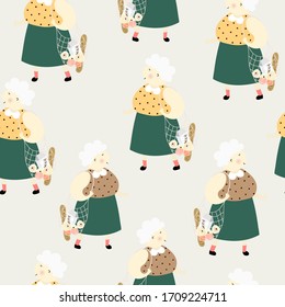 Cute seamless repeatted pattern with old woman walking with shopping shoulder bag  on the  grey background . Funny  childish background. 