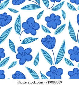 Cute seamless romantic tender hand-drawn floral pattern with blue flowers on white background. Vector illustration