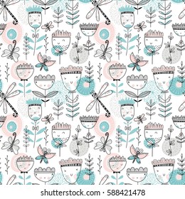 Cute seamless romantic vector floral pattern with dragonflies and butterflies