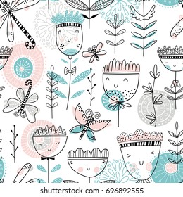 Cute seamless romantic vector floral pattern with dragonflies and butterflies