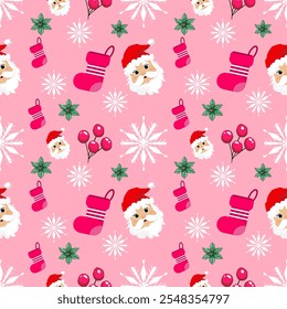 Cute seamless of Santa Claus with cherry leaf bunch and sock pattern on white snowflake and starburst on sweet pink wallpaper and vector background. Christmas and new year holiday concept