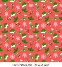 Cute seamless of Santa Claus green hat with sock and candy cane with cherry on red snowflake and starburst on green wallpaper and background. Christmas and new year holiday concept