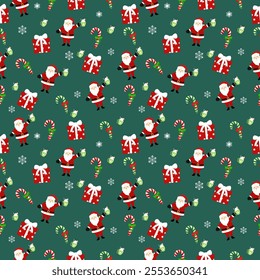Cute seamless of Santa Claus red hat with gift box and candy cane on blue snowflake and starburst on green wallpaper and background. Christmas and new year holiday concept