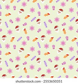 Cute seamless of Santa Claus red hat with candy and orange sock on pink snowflake and starburst on yellow wallpaper and background. Christmas and new year holiday concept
