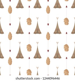 Cute seamless Scandinavian pattern with arrows and wickiups. White background. Flat cartoon style vector illustration.