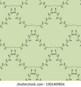 Cute seamless Scandinavian pattern with green branches with leaves. Pastel colours, green background, flat style vector illustration.