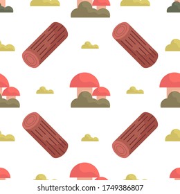 Cute seamless Scandinavian pattern with green bushes of grass, mushrooms and logs. White background. Flat style illustration.