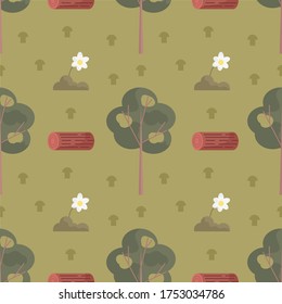 Cute seamless Scandinavian pattern with green bushes of grass, mushrooms, chamomiles, trees and logs. Green background. Flat style illustration.