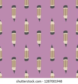 Cute seamless Scandinavian pattern with grey pencils. Purple background. Flat cartoon style vector illustration.