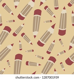 Cute seamless Scandinavian pattern with red pencils. Beige background. Flat cartoon style vector illustration.