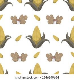 Cute seamless Scandinavian pattern with yellow corn, leaves and mushrooms. White background. Cartoon style illustration. Vector.