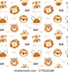 Cute seamless scandinavian patterns with animals. Sloth, raccoon, bear, fox, lion, giraffe. Cute animals on children`s vector background. Printing on fabric, clothing, wallpaper, paper.