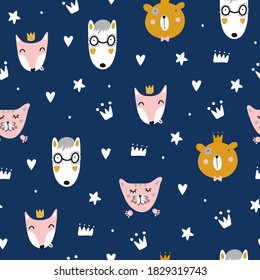 Cute seamless scandinavian patterns with animals. Сat, wolf, bear, fox. Cute animals on children`s vector background. Printing on fabric, clothing, wallpaper, paper.
