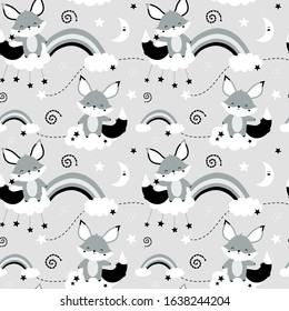Cute seamless scandinavian patterns with foxes. Gray foxes with stars on clouds and rainbows. Vector children background. Printing on fabric, clothing, wallpaper, paper.