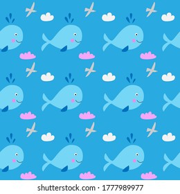 Cute seamless sea animals summer vector pattern. Colorful funny background with blue whales swimming underwater and seagulls flying in the colorful clouds. Cartoon illustration for kids textile