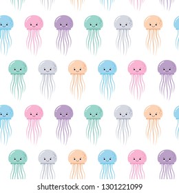 Cute seamless sea pattern with cartoon smiling color jellyfishes. Kawaii