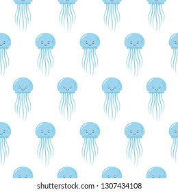 Cute seamless sea pattern with cartoon smiling jellyfishes. Kawaii