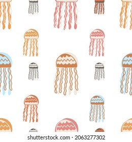 Cute seamless sea pattern with cartoon jellyfishes. Vector illustration for kids design, wallpaper, wrapping, textile, package design. Hand drawn.