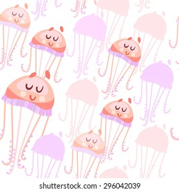 Cute seamless sea pattern with cartoon smiling jellyfishes. Vector illustration for kids design, wallpaper, wrapping, textile, package design