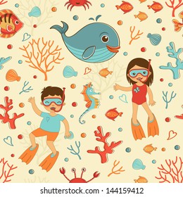 Cute seamless sea pattern with diving kids and sea creatures