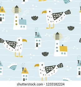 Cute seamless sea pattern with lighthouse, gull, waves and houses.