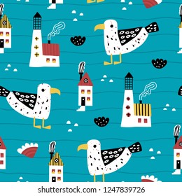 Cute seamless sea pattern with lighthouse, gull, waves and houses.