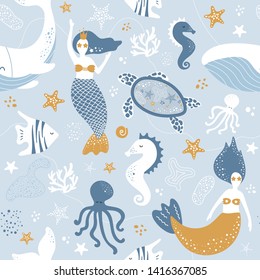 Cute seamless sea pattern. Mermaids, whales, octopuses, fish, sea horses, starfish, waves, shells. Golden, blue. Suitable for printing on wrapping paper, textiles, fabrics, clothing, wallpaper.