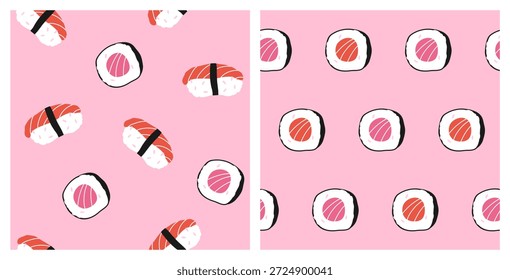 Lindo conjunto sin fisuras de patrones de alimentos: nigiri sushi y maki rollos sobre un fondo rosa, plato tradicional japonés, Asia; Ilustración vectorial simple dibujada a mano en un estilo plano