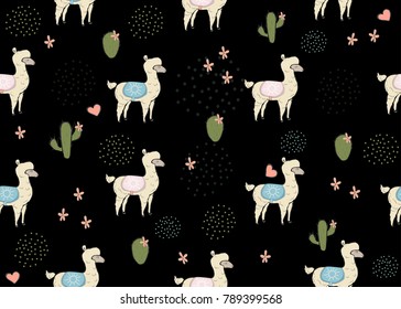 Cute Seamless simple alpaca pattern on dark background. Cute Scandinavian Style. Vector Illustration