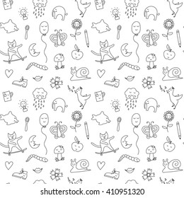 Cute seamless simple black and white pattern with various elements, including cloud, bird, cat, ball, flowers, mushroom