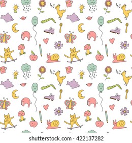 Cute seamless simple color pattern with various elements, including cloud, bird, cat, ball, flowers, mushroom