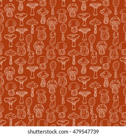 cute seamless sketch background of various kinds of mushrooms. hand-drawn illustration