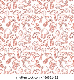 cute seamless sketch background of various kinds of mushrooms. hand-drawn illustration