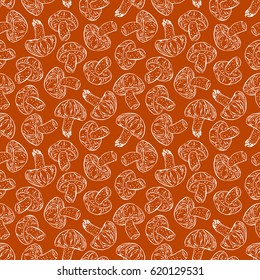 cute seamless of sketch shiitake on a brown background. hand drawn illustration