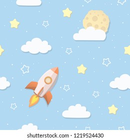 Cute Seamless Sky Pattern With Full Moon, Clouds, Stars, And Rocket. Cartoon Space Rocket Flying To The Moon. Children's Bedroom, Baby Nursery Wallpaper. Cover Or A Gift Wrap. Vector Illustration.