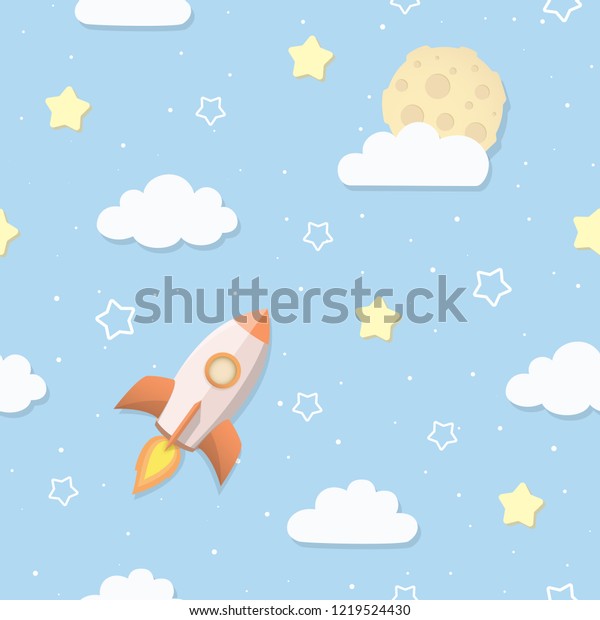 Cute seamless sky pattern with full moon, clouds, stars, and rocket. Cartoon space rocket flying to the Moon. Children's bedroom, baby nursery wallpaper. Cover or a gift wrap. Vector Illustration.