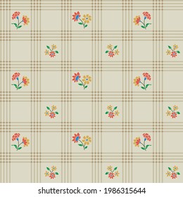 cute seamless small orange and yellow vector flowers pattern on cream stripe pattern