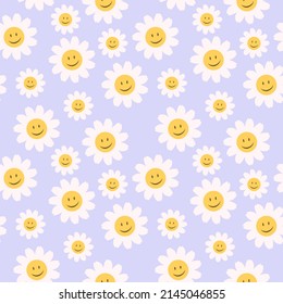 70’s cute seamless smiling daisy pattern with  flowers. Floral hippie funky vector background. Perfect for creating fabrics, textiles, wrapping paper, packaging.