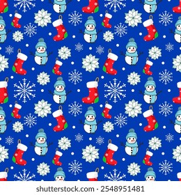 Bonito sem costura de boneco de neve com meia vermelha e flor branca em floco de neve branco e starburst no papel de parede azul de cobalto e fundo vetorial. Conceito de Natal e feriado de ano novo