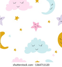 cute seamless space pattern with moon, stars and cloud.Creative night style kids for fabric wrapping textile wallpaper apparel background Children