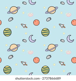 Cute seamless space pattern with planets, rockets, stars, and moons on soft blue background, cartoon vector style perfect for kids textiles, nursery decor, wrapping paper, and playful designs.